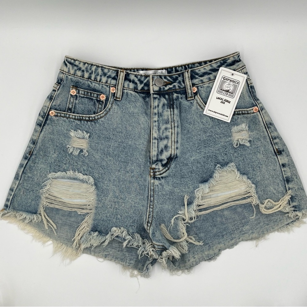 Shipwreck LTD Destroyed High Rise Jean Acid Denim Shorts Button Fly M Medium